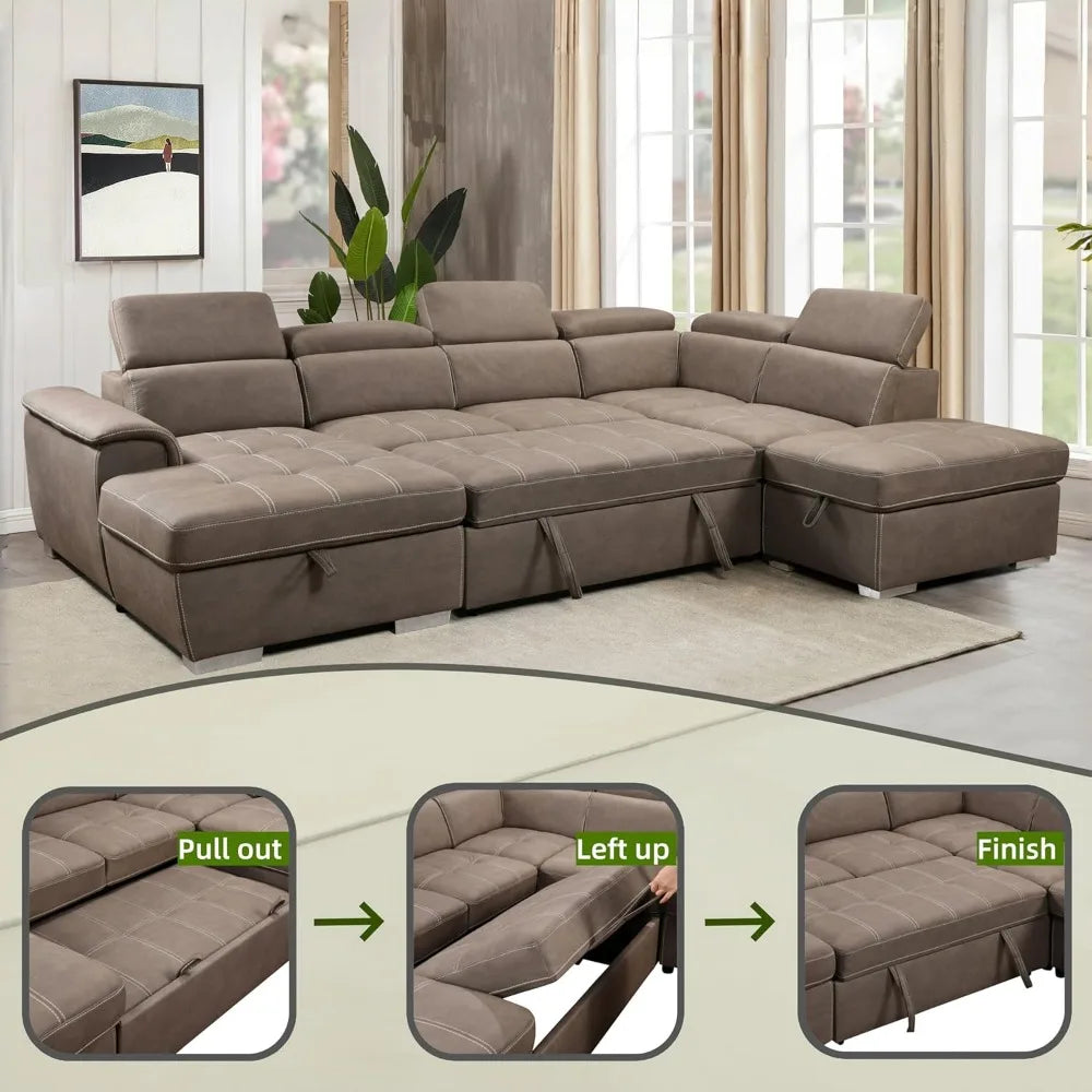 127" U-Shaped Sectional Sleeper Sofa with Pull-Out Bed | 7-Seat Microfiber Couch with Adjustable Headrests