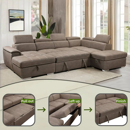 127" U-Shaped Sectional Sleeper Sofa with Pull-Out Bed | 7-Seat Microfiber Couch with Adjustable Headrests