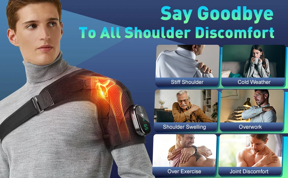 Electric Heating Shoulder Massager Brace Joint Vibration Arthritis Pain Relief LED Smart Controller Adjustable Support Belt