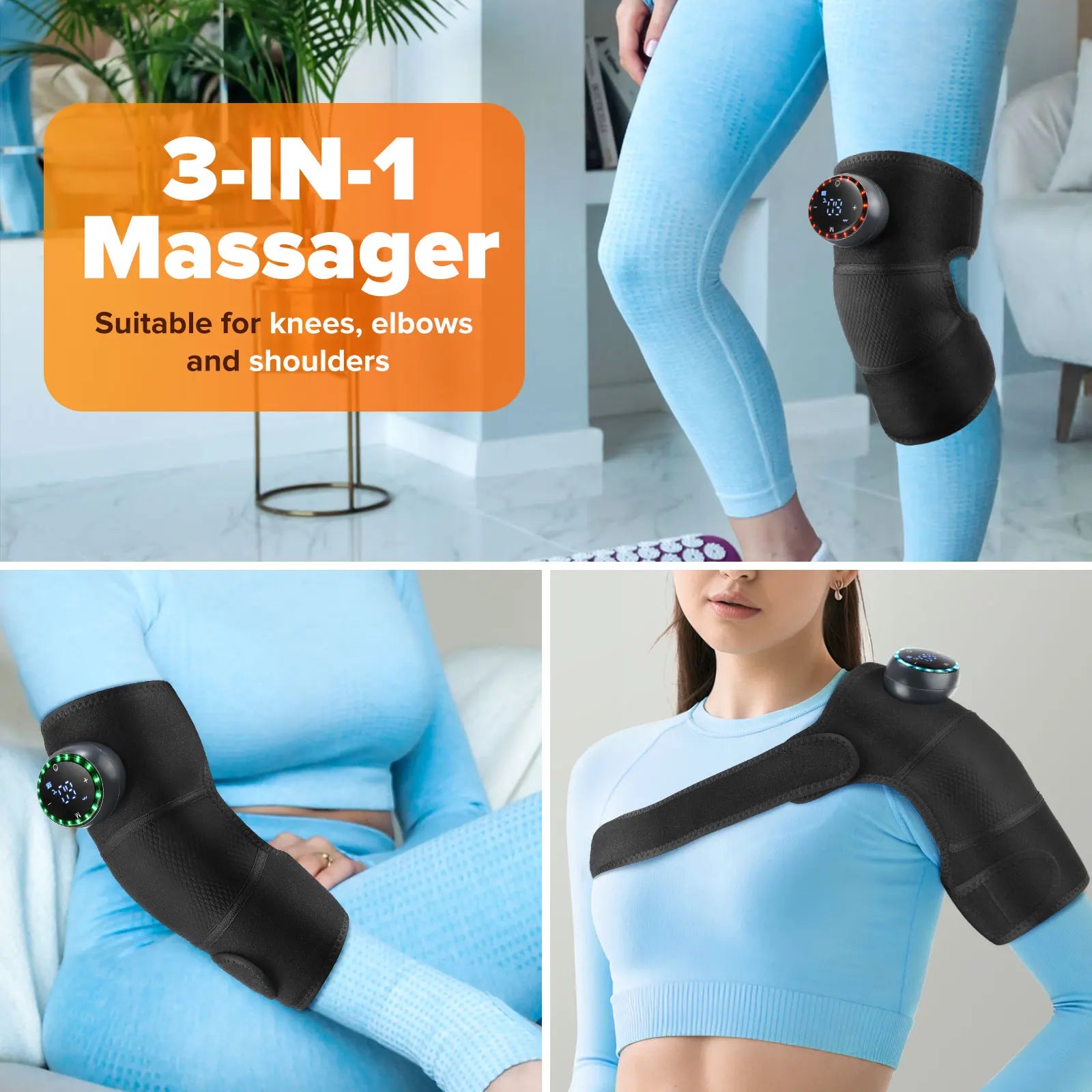 Electric Heated Knee Massager Vibration Protect Pad 3-in-1 Shoulder Arm Wrap 5 Temp Levels Extension Strap Keep Warm Relax