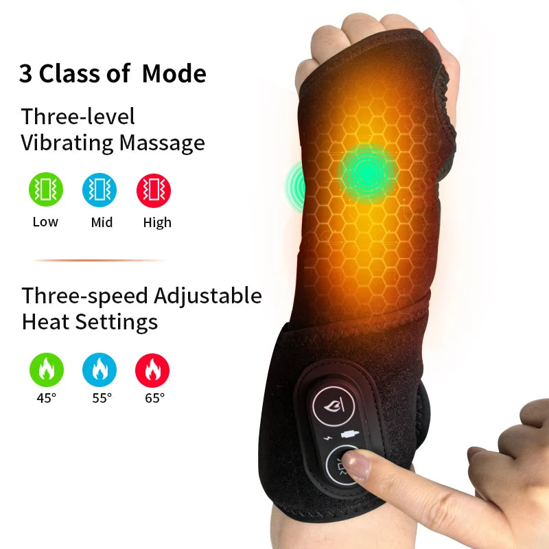 Cordless Wrist Heating Pad Vibration Massage Heated Wrist Brace Left Right Hand  Women Men 3 Heat Vibration Levels Rechargeable
