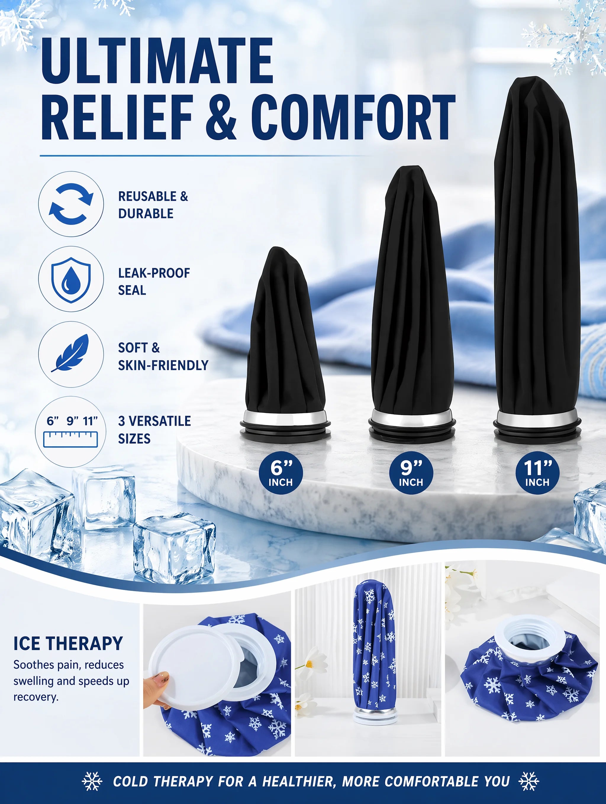 Reusable Ice Pack for Injuries, Hot & Cold Therapy Ice Bag with Cover, No-Leak Pain Relief Ice Pack for Sports