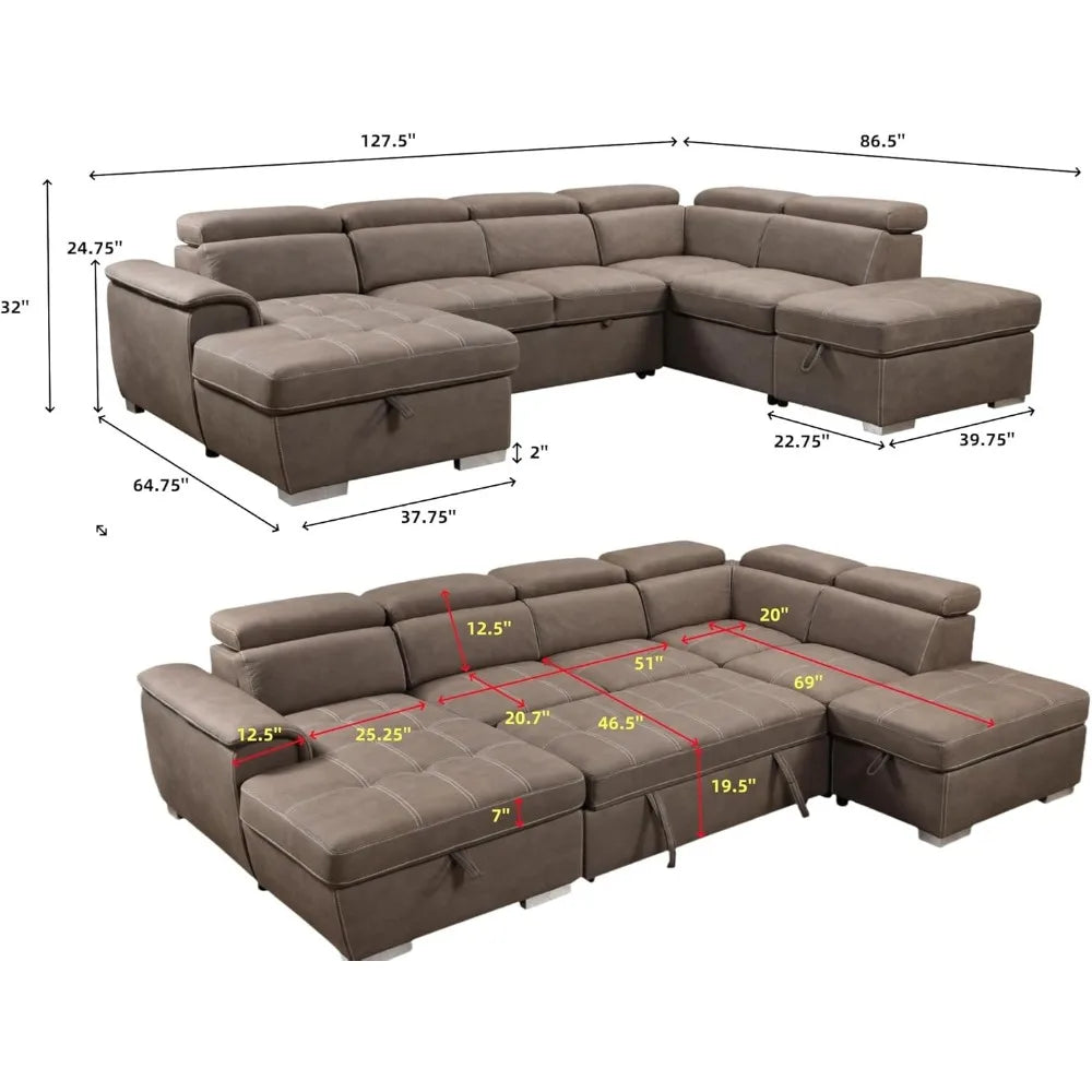 127" U-Shaped Sectional Sleeper Sofa with Pull-Out Bed | 7-Seat Microfiber Couch with Adjustable Headrests