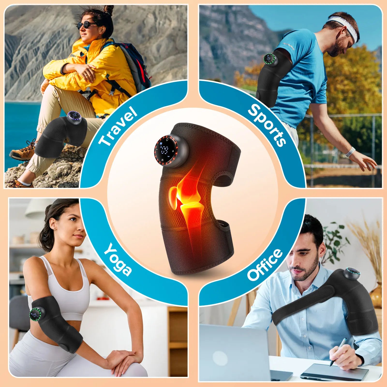 Electric Heated Knee Massager Vibration Protect Pad 3-in-1 Shoulder Arm Wrap 5 Temp Levels Extension Strap Keep Warm Relax