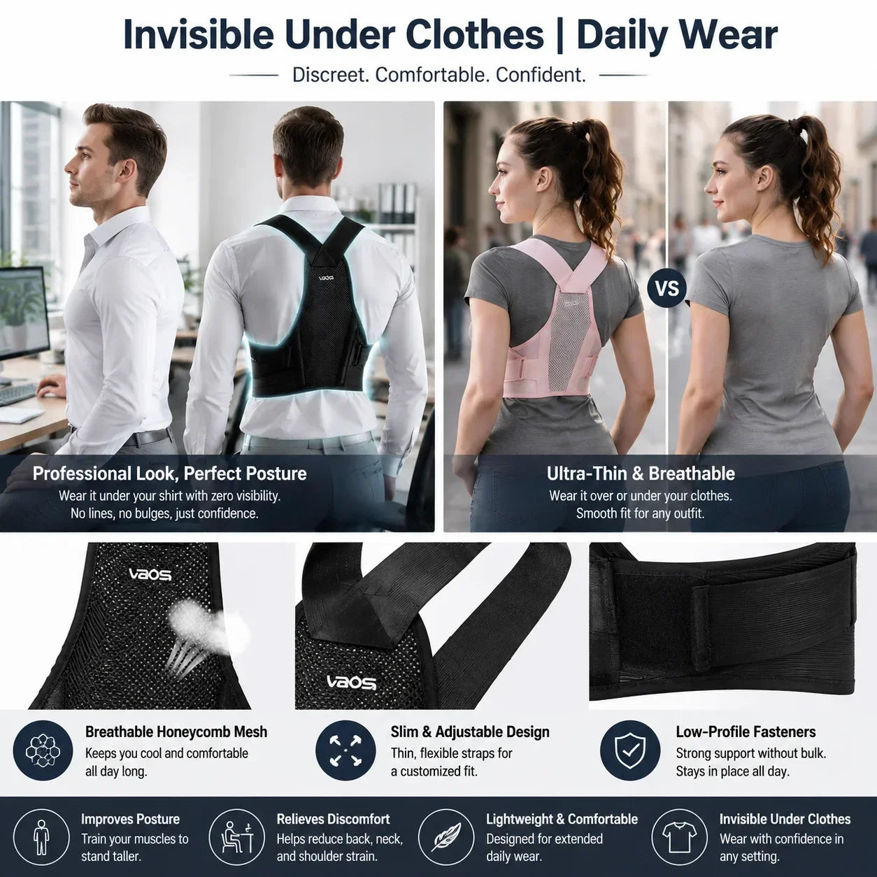 VBSOI Breathable Posture Corrector for Men Women Adjustable Back Support Belt for Slouching & Shoulder Pain Relief