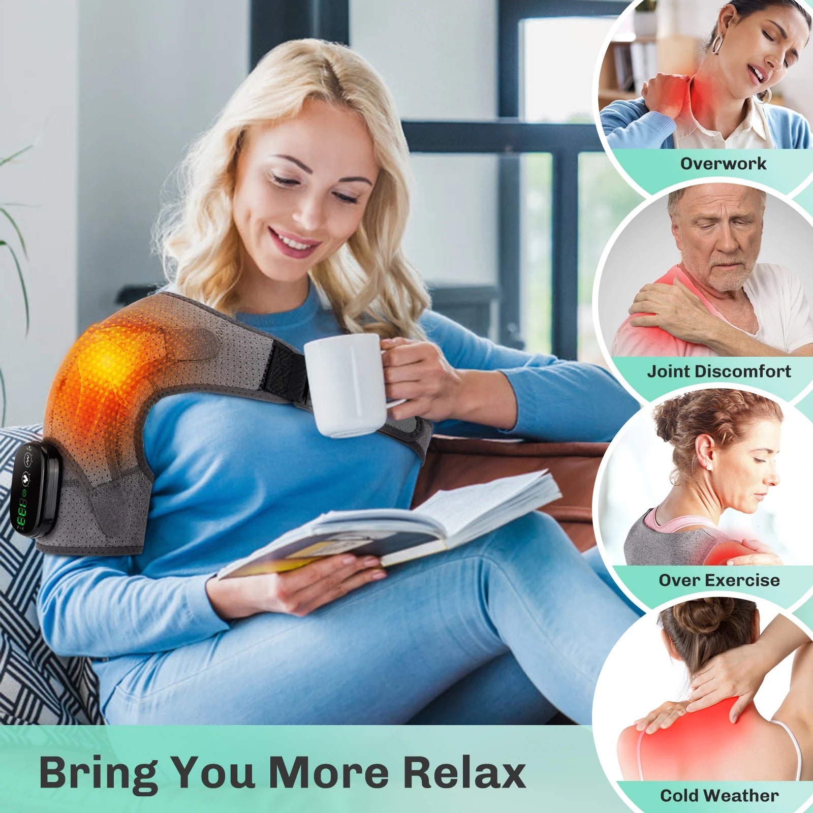 Adjustable Heating Vibration Shoulder Brace Support, Electric Heating Pad for Shoulder, Left and Right Shoulder Massager Warming
