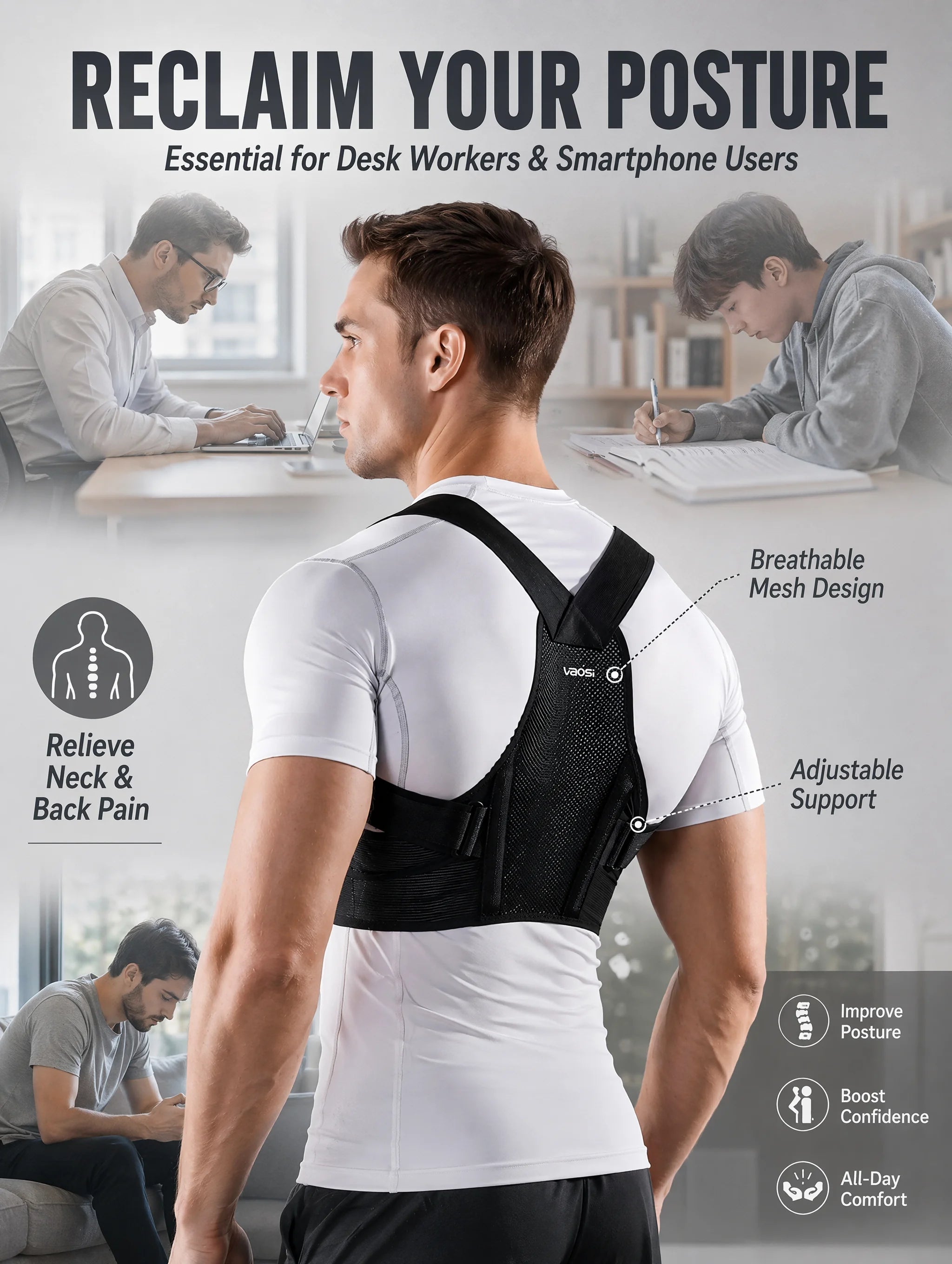 VBSOI Breathable Posture Corrector for Men Women Adjustable Back Support Belt for Slouching & Shoulder Pain Relief