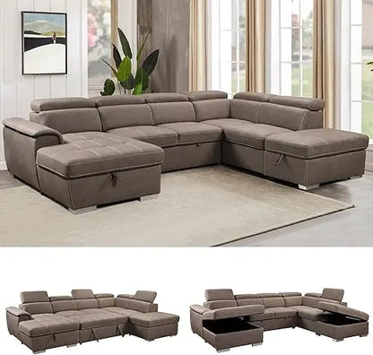 127" U-Shaped Sectional Sleeper Sofa with Pull-Out Bed | 7-Seat Microfiber Couch with Adjustable Headrests
