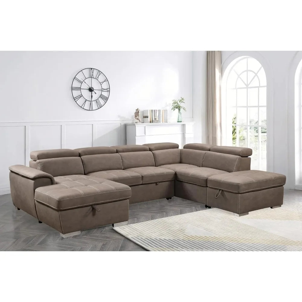 127" U-Shaped Sectional Sleeper Sofa with Pull-Out Bed | 7-Seat Microfiber Couch with Adjustable Headrests