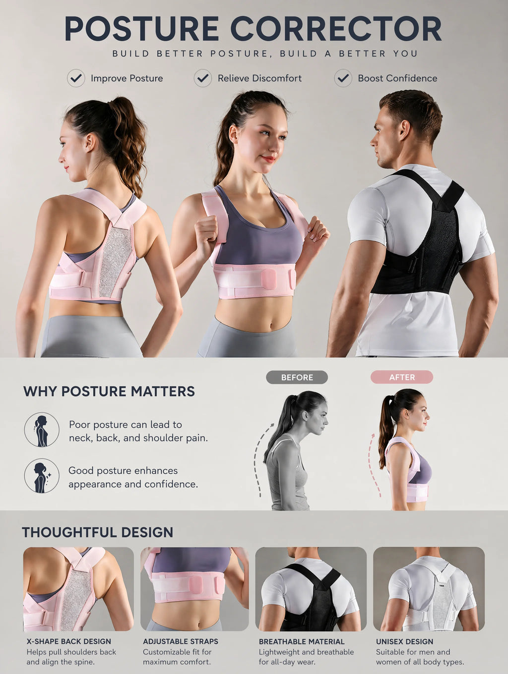 VBSOI Breathable Posture Corrector for Men Women Adjustable Back Support Belt for Slouching & Shoulder Pain Relief