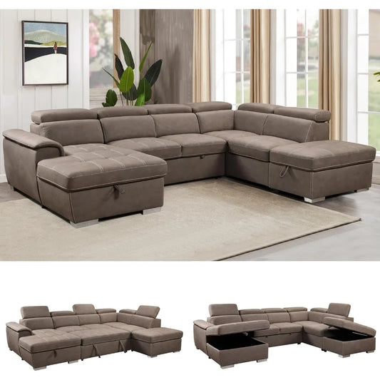 127" U-Shaped Sectional Sleeper Sofa with Pull-Out Bed | 7-Seat Microfiber Couch with Adjustable Headrests