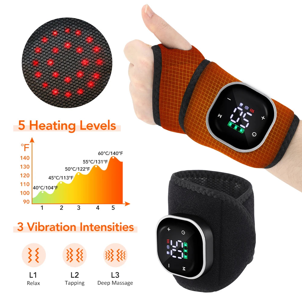 Red Light Therapy Wrist Belt 36 LED - 3-Temp Heat & Vibration Massage for Pain Relief - 660/850nm Support Brace Wrap Belt