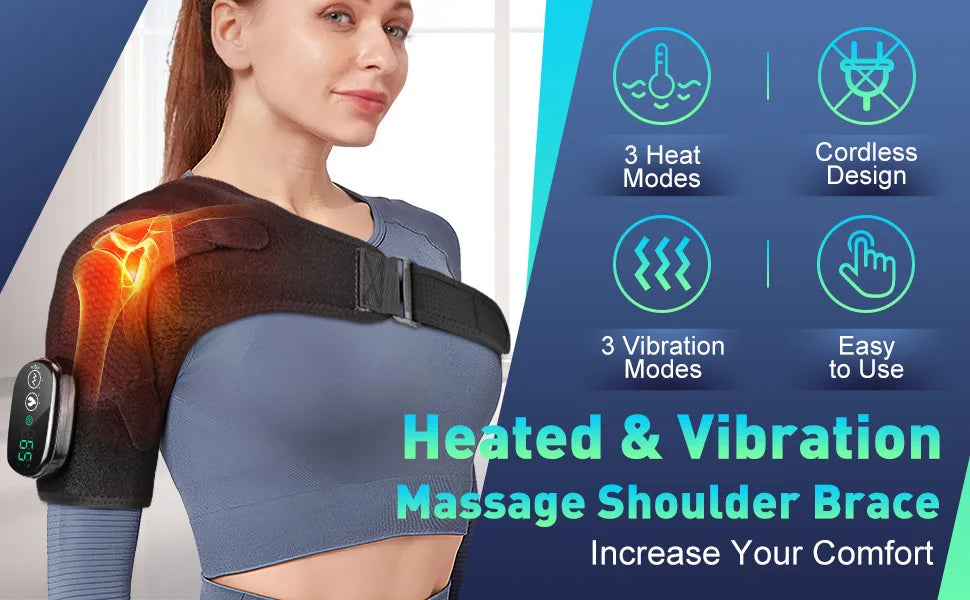 Electric Heating Shoulder Massager Brace Joint Vibration Arthritis Pain Relief LED Smart Controller Adjustable Support Belt