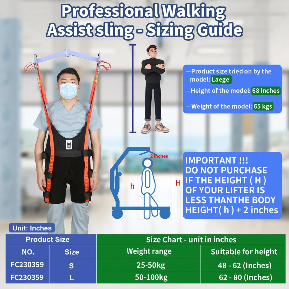 Ehucon Professional Walking Assist Lift Sling Hoist Ambulating Training Washable Stand Support Sling SWL 500lbs