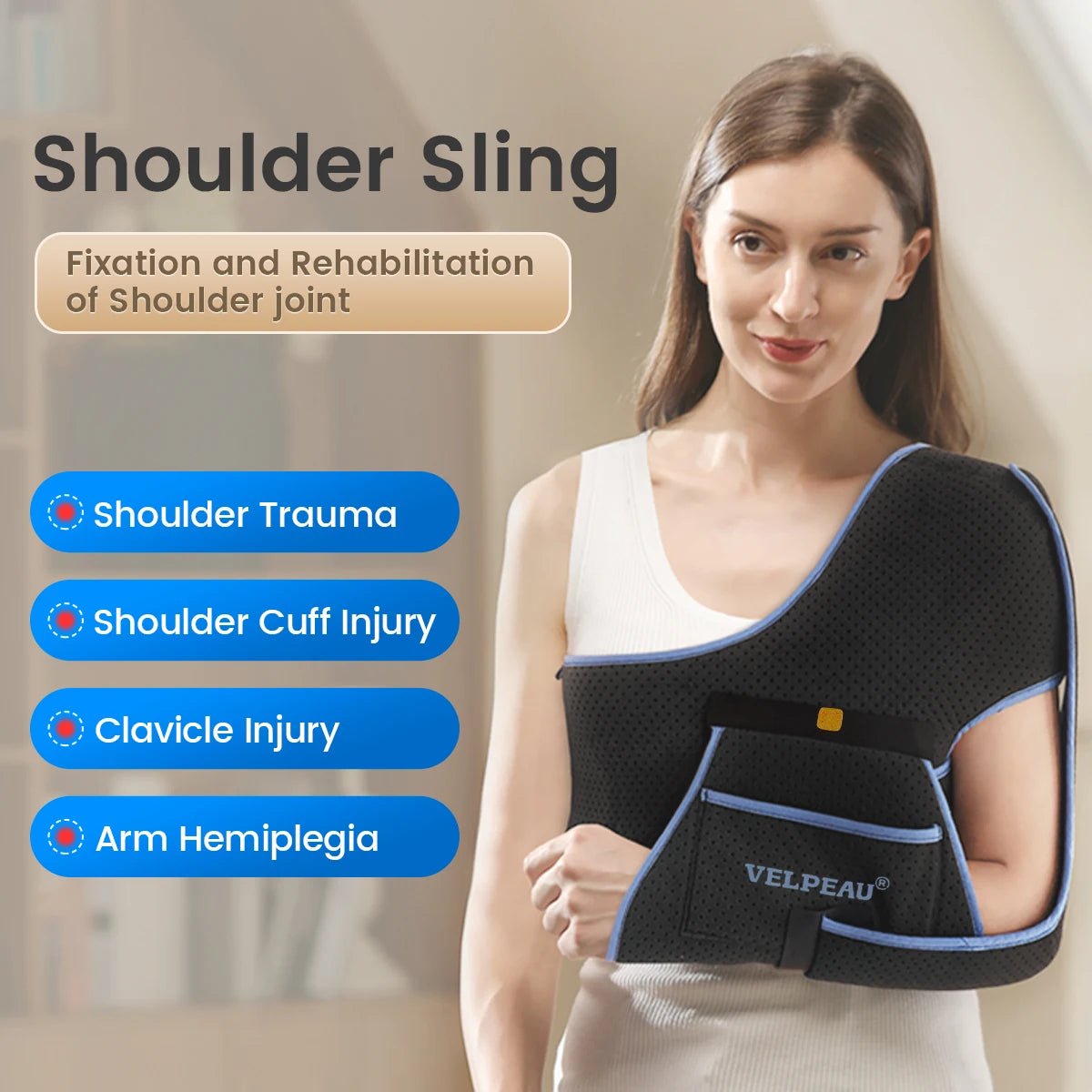 VELPEAU Shoulder Sling Breathable for Rotator Cuff Tear, Arm Fracture and Dislocation, Shoulder Immobilizer for Sleeping