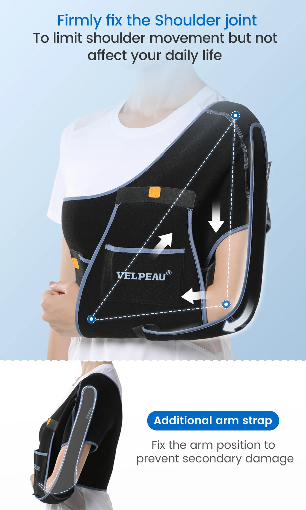 VELPEAU Shoulder Sling Breathable for Rotator Cuff Tear, Arm Fracture and Dislocation, Shoulder Immobilizer for Sleeping
