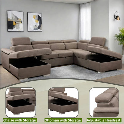 127" U-Shaped Sectional Sleeper Sofa with Pull-Out Bed | 7-Seat Microfiber Couch with Adjustable Headrests