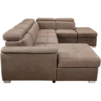 127" U-Shaped Sectional Sleeper Sofa with Pull-Out Bed | 7-Seat Microfiber Couch with Adjustable Headrests